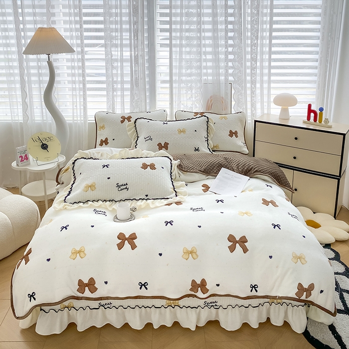 91家纺网 家纺一手货源 找家纺 格真 2024新款加厚保暖豆豆绒牛奶绒单床盖被套三件套四件套 爱心蝴蝶结