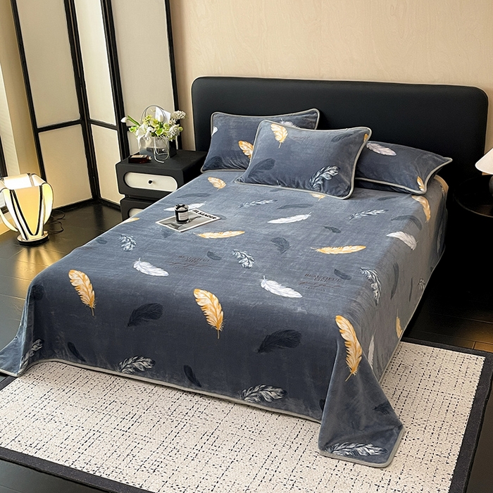 91家纺网 家纺一手货源 找家纺 全季家居 2024新款A类纯色印花高克重加厚保暖包边牛奶绒床单单件 羽毛