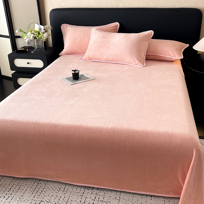 91家纺网 家纺一手货源 找家纺 全季家居 2024新款A类纯色印花高克重加厚保暖包边牛奶绒床单单件 少女粉