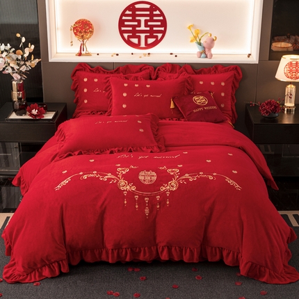 91家纺网 家纺一手货源 找家纺 （总）恋尚羽家纺 2025新款公主绒牛奶绒高克重加厚绣花婚庆款四件套-流金岁月