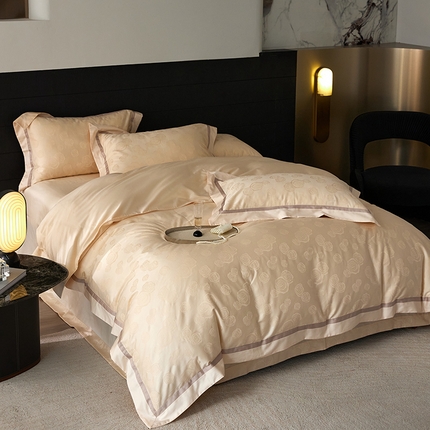 琉宿家纺 2025新款50s双股长绒棉提花宽边工艺四件套 花漫影-浅香槟