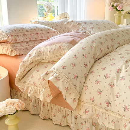 艾唯希家纺 2024新款韩式花边全棉四件套 红蔷薇