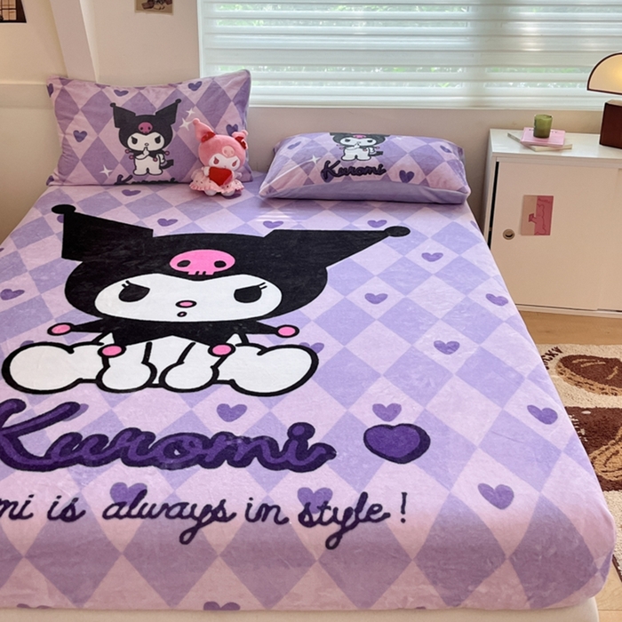 91家纺网 家纺一手货源 找家纺 金爱家 2024新款大阪单品牛奶绒床笠 绒-D桃心美美库洛米