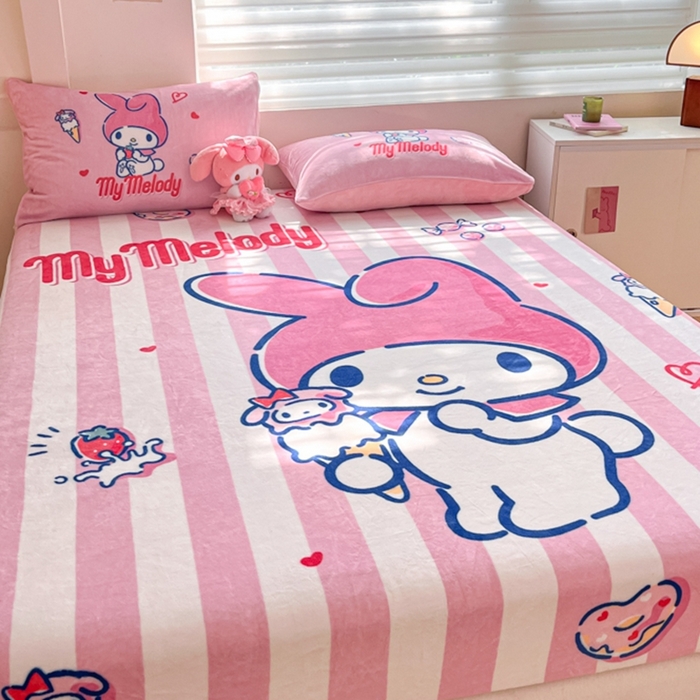 91家纺网 家纺一手货源 找家纺 金爱家 2024新款大阪单品牛奶绒床笠 绒-D草莓冰淇淋美乐蒂