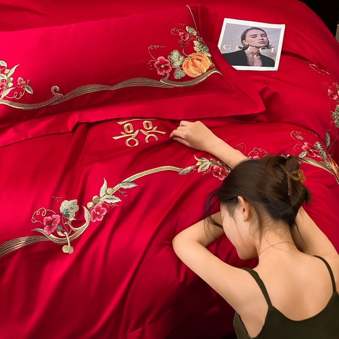 91家纺网 家纺一手货源 找家纺 （总）玖玖爱家纺 2024新款100支双股长绒棉提花刺绣婚庆四件套