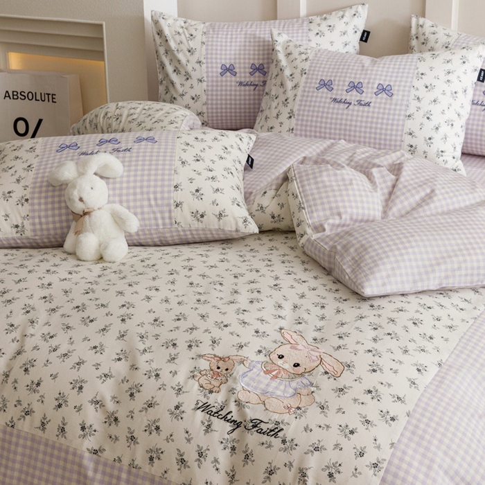 91家纺网 家纺一手货源 找家纺 卡姿家纺 2024秋冬呆萌小刺绣第三季 蝴蝶结小兔子-紫格