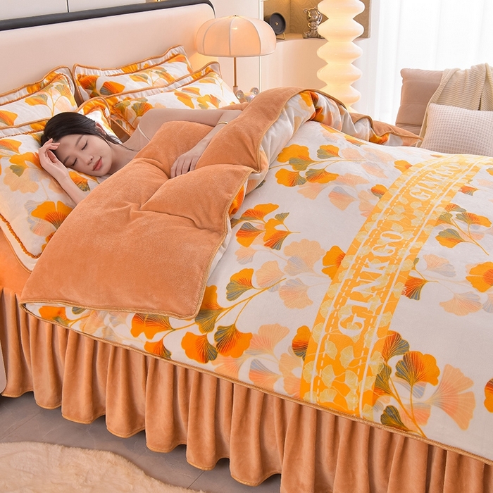 91家纺网 家纺一手货源 找家纺 富之航 2024新款8-9斤高克重印花牛奶绒四件套保暖绒套件直播爆款叶落知秋