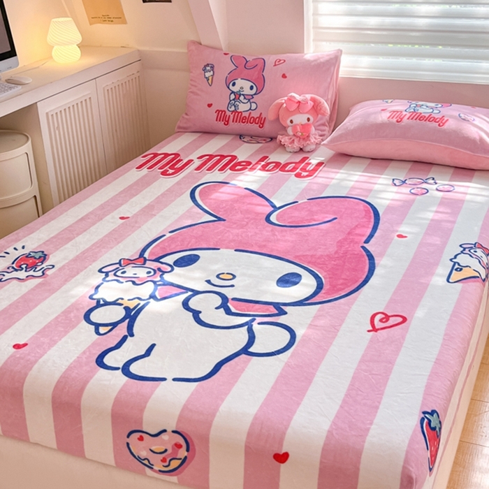 91家纺网 家纺一手货源 找家纺 金爱家 2024新款大阪单品牛奶绒床笠 绒-D草莓冰淇淋美乐蒂