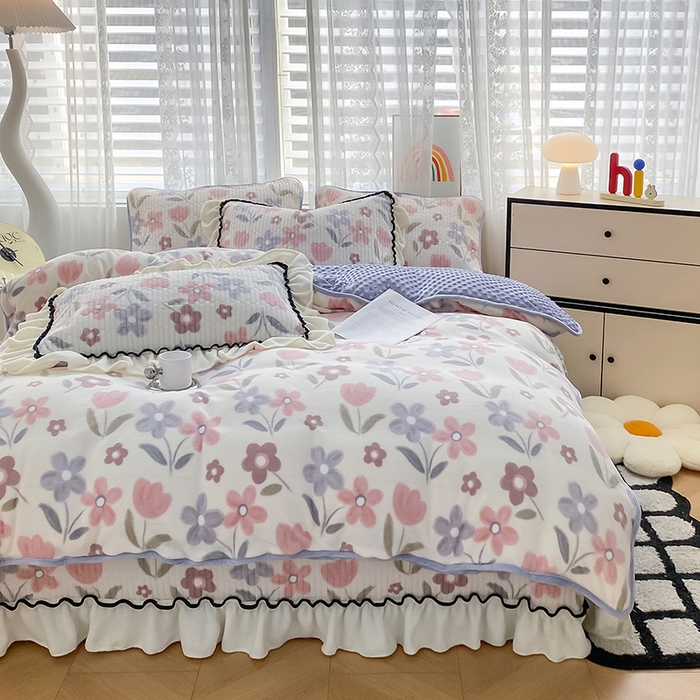 91家纺网 家纺一手货源 找家纺 格真 2024新款加厚保暖豆豆绒牛奶绒单床盖被套三件套四件套 花繁庭园