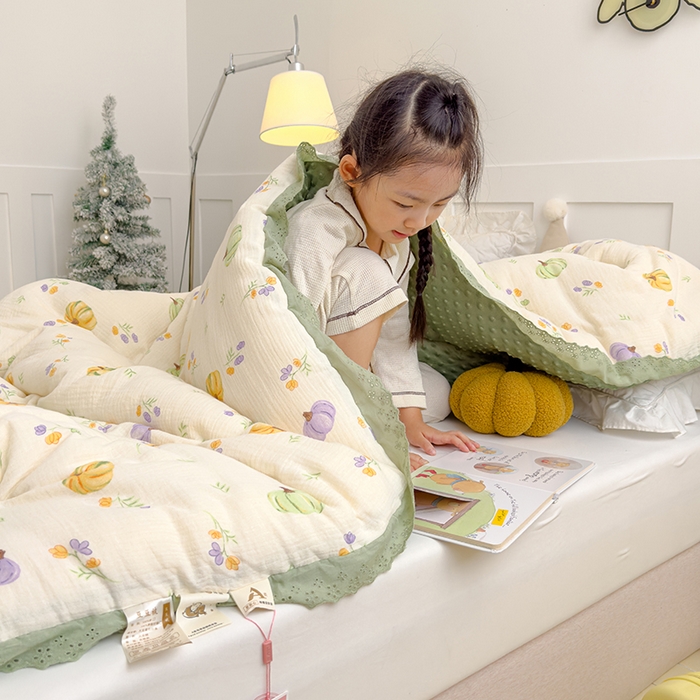 91家纺网 家纺一手货源 找家纺 芯恋家居 2025新款全棉皱皱纱双层纱豆豆被大豆被 七彩南瓜