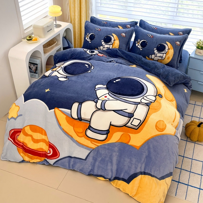 91家纺网 家纺一手货源 找家纺 宝薇 2024新款加厚牛奶绒大版卡通四件套 宇航员绒