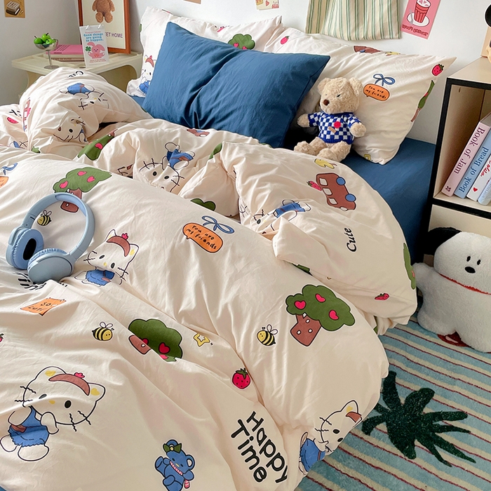 91家纺网 家纺一手货源 找家纺 卡迪熊家纺 2024新款小清新水洗m混搭四件套 可爱KT猫