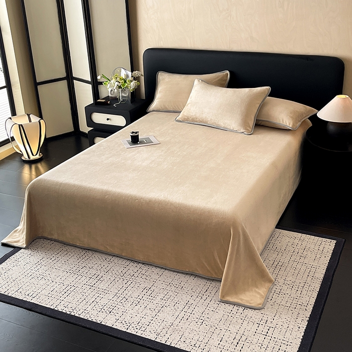 91家纺网 家纺一手货源 找家纺 全季家居 2024新款A类纯色印花高克重加厚保暖包边牛奶绒床单单件 暖驼