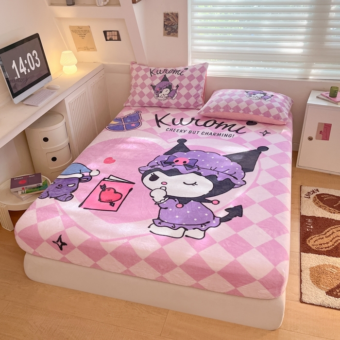 91家纺网 家纺一手货源 找家纺 金爱家 2024新款大阪单品牛奶绒床笠 绒-D晚安库洛米