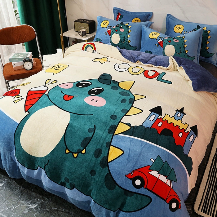 91家纺网 家纺一手货源 找家纺 宝薇 2024新款加厚牛奶绒大版卡通四件套 酷酷龙