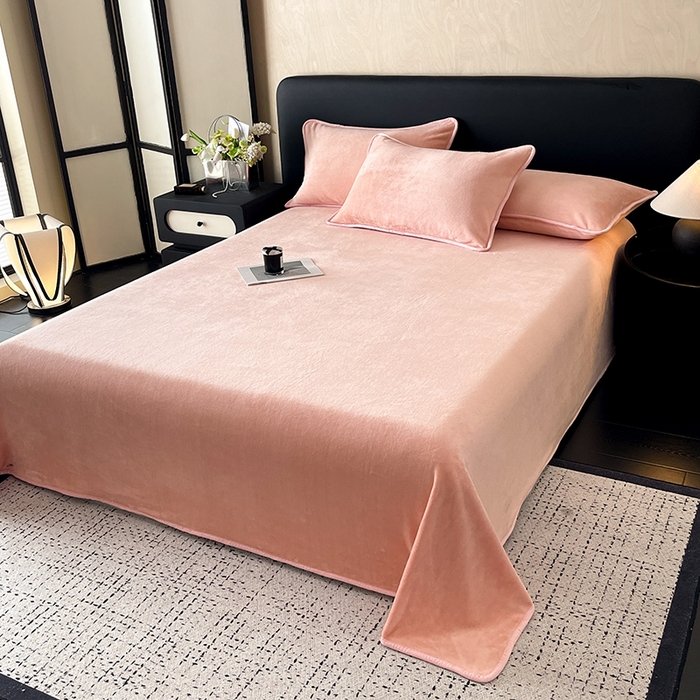 91家纺网 家纺一手货源 找家纺 全季家居 2024新款A类纯色印花高克重加厚保暖包边牛奶绒床单单件 少女粉