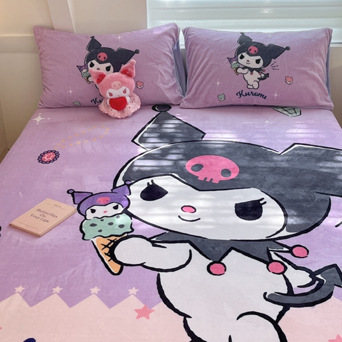 91家纺网 家纺一手货源 找家纺 金爱家 2024新款大阪单品牛奶绒床笠 绒-D冰淇淋甜心库洛米