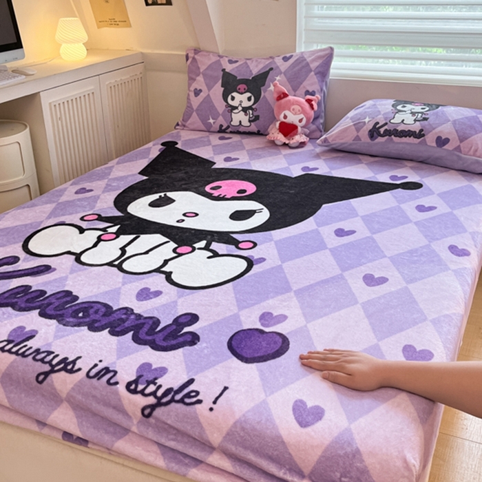 91家纺网 家纺一手货源 找家纺 金爱家 2024新款大阪单品牛奶绒床笠 绒-D桃心美美库洛米