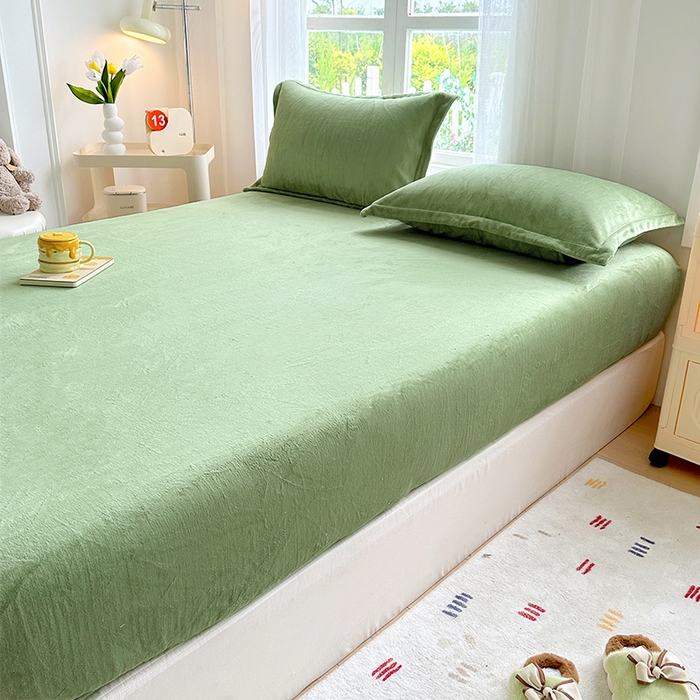 91家纺网 家纺一手货源 找家纺 家贝爱 2024新款加厚保暖牛奶绒床笠 纯色抹茶绿