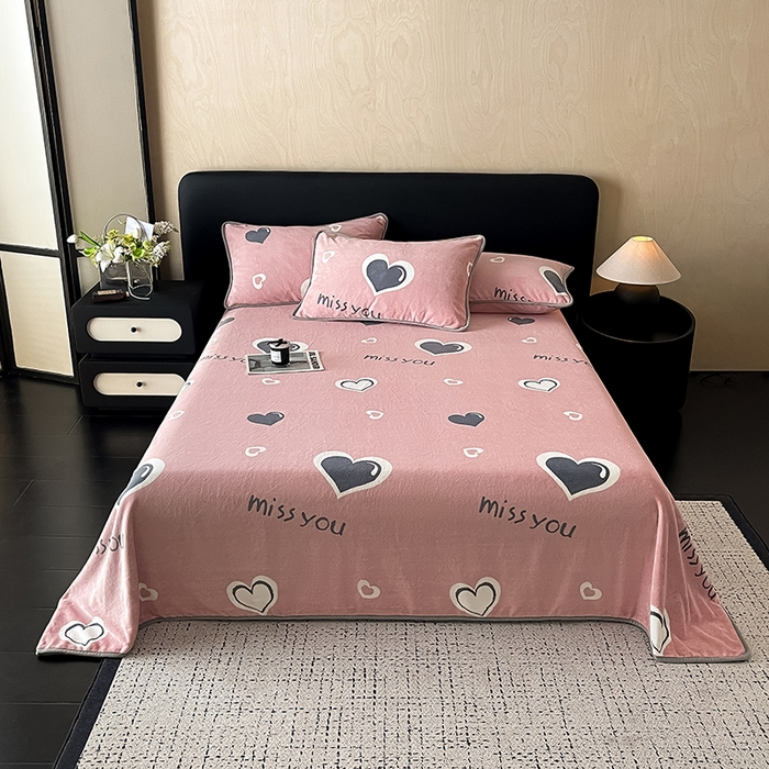 91家纺网 家纺一手货源 找家纺 全季家居 2024新款A类纯色印花高克重加厚保暖包边牛奶绒床单单件 甜心