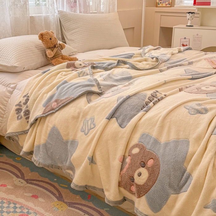 91家纺网 家纺一手货源 找家纺 慕尚家纺 2025新款高克重加厚雪花绒毛毯毯子 奶茶狗熊