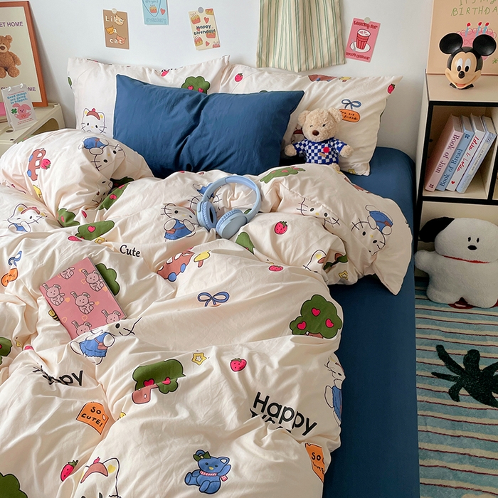 91家纺网 家纺一手货源 找家纺 卡迪熊家纺 2024新款小清新水洗m混搭四件套 可爱KT猫