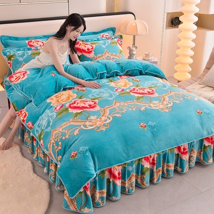 富之航 2024新款8-9斤高克重印花牛奶绒四件套保暖绒套件直播爆款国色天香