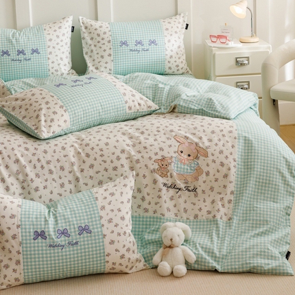 91家纺网 家纺一手货源 找家纺 卡姿家纺 2024秋冬呆萌小刺绣第三季 蝴蝶结小兔子-绿格