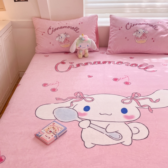 91家纺网 家纺一手货源 找家纺 金爱家 2024新款大阪单品牛奶绒床笠 绒-D樱桃美美大耳狗