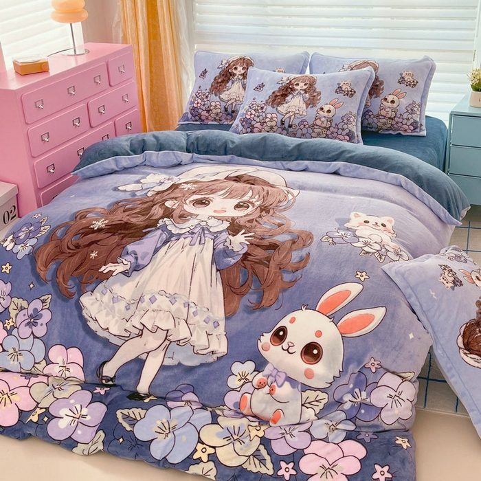 91家纺网 家纺一手货源 找家纺 宝薇 2024新款加厚牛奶绒大版卡通四件套 甜心公主绒