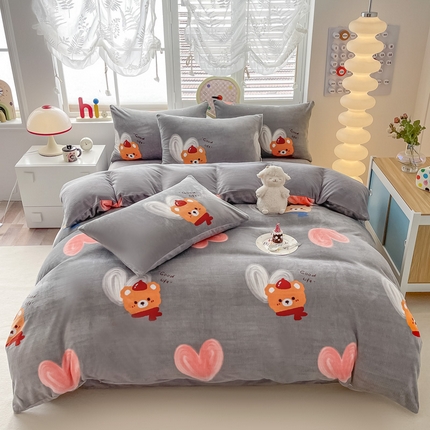 鸿羽樱（鸿羽樱）家纺 2024新款牛奶绒印花田园小清新儿童三件套四件套 精灵爱心