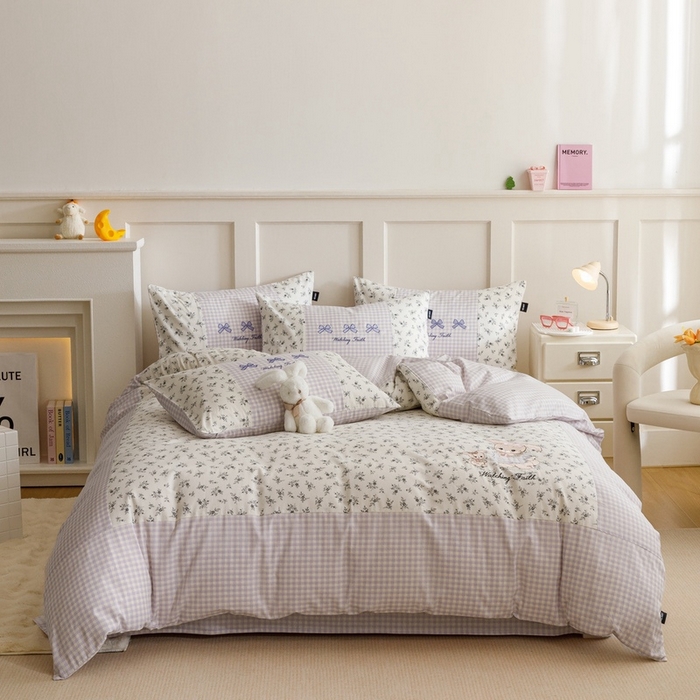 91家纺网 家纺一手货源 找家纺 卡姿家纺 2024秋冬呆萌小刺绣第三季 蝴蝶结小兔子-紫格