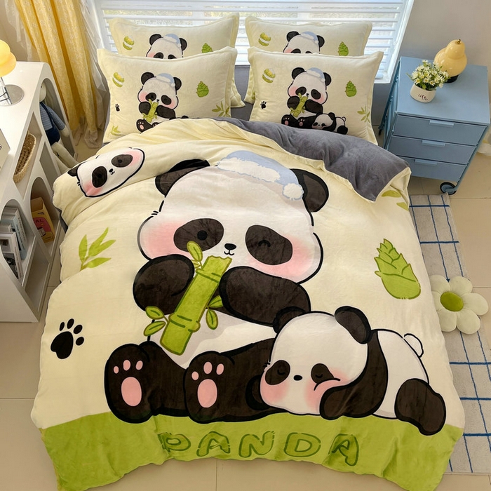 91家纺网 家纺一手货源 找家纺 宝薇 2024新款加厚牛奶绒大版卡通四件套 大熊猫绒