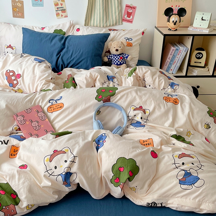 91家纺网 家纺一手货源 找家纺 卡迪熊家纺 2024新款小清新水洗m混搭四件套 可爱KT猫