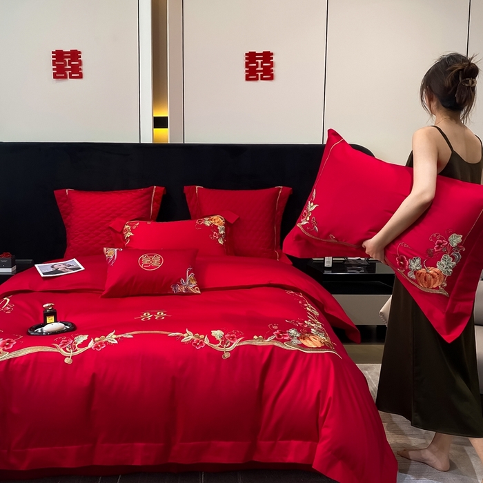 91家纺网 家纺一手货源 找家纺 （总）玖玖爱家纺 2024新款100支双股长绒棉提花刺绣婚庆四件套