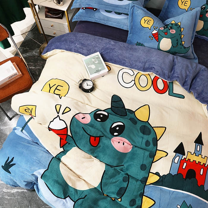 91家纺网 家纺一手货源 找家纺 宝薇 2024新款加厚牛奶绒大版卡通四件套 酷酷龙