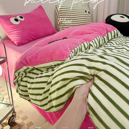 如一 2024新款大眼萌条纹牛奶绒四件套 大眼萌-绿