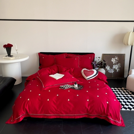 馨蕊 2024新款100S高奢简约长绒棉四件套-棉小爱心 棉小爱心-酒红