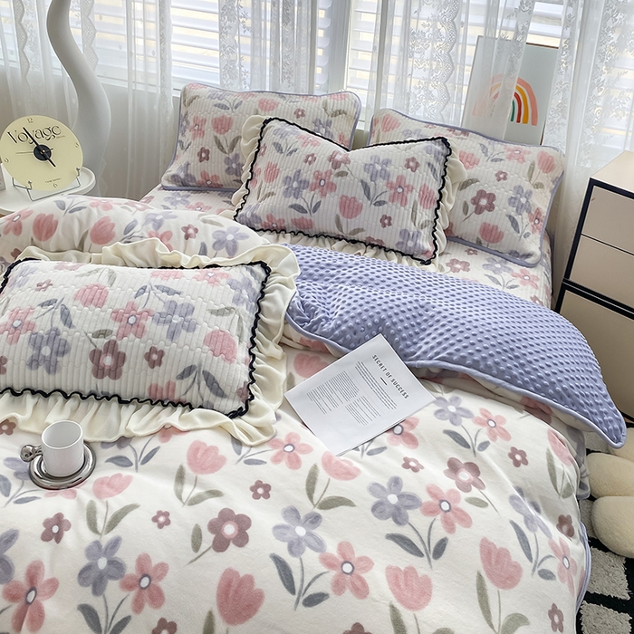 91家纺网 家纺一手货源 找家纺 格真 2024新款加厚保暖豆豆绒牛奶绒单床盖被套三件套四件套 花繁庭园