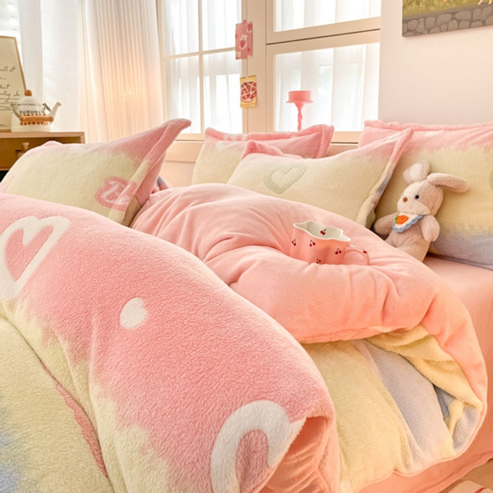 91家纺网 家纺一手货源 找家纺 川悦生活 2024新款雪花绒印花单被套系列-自然光 彩虹爱语粉