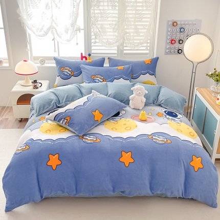 鸿羽樱（鸿羽樱）家纺 2024新款牛奶绒印花田园小清新儿童三件套四件套 遨游太空