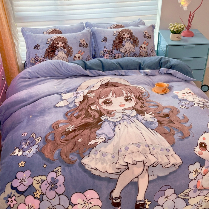 91家纺网 家纺一手货源 找家纺 宝薇 2024新款加厚牛奶绒大版卡通四件套 甜心公主绒