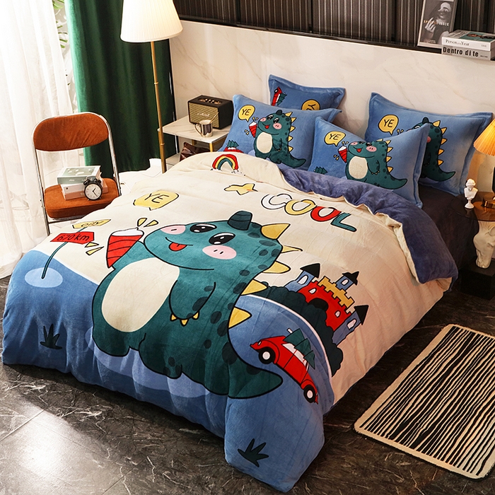 91家纺网 家纺一手货源 找家纺 宝薇 2024新款加厚牛奶绒大版卡通四件套 酷酷龙