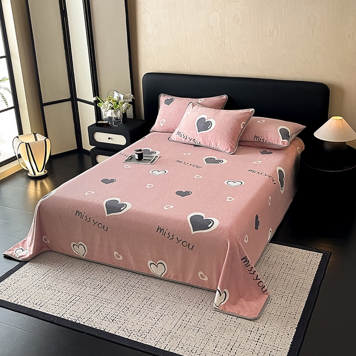 91家纺网 家纺一手货源 找家纺 全季家居 2024新款A类纯色印花高克重加厚保暖包边牛奶绒床单单件 甜心