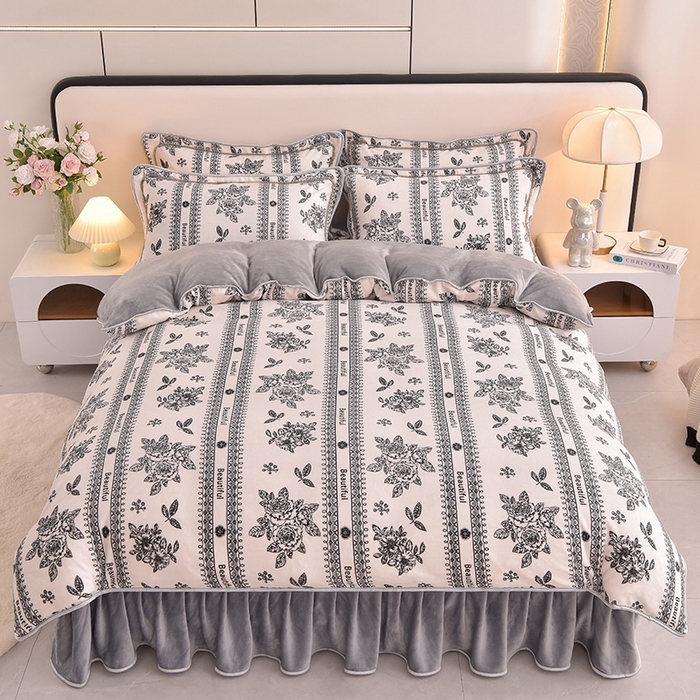 91家纺网 家纺一手货源 找家纺 富之航 2024新款8-9斤高克重印花牛奶绒四件套保暖绒套件直播爆款午后花园