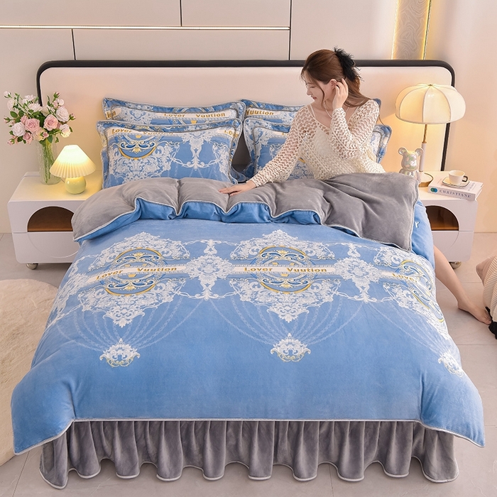 91家纺网 家纺一手货源 找家纺 富之航 2024新款8-9斤高克重印花牛奶绒四件套保暖绒套件直播爆款欧式经典