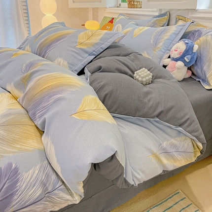 91家纺网 家纺一手货源 找家纺 2024直播爆款全棉磨毛喷气印花加厚保暖四件套（一字绣） 全棉磨毛-羽毛情
