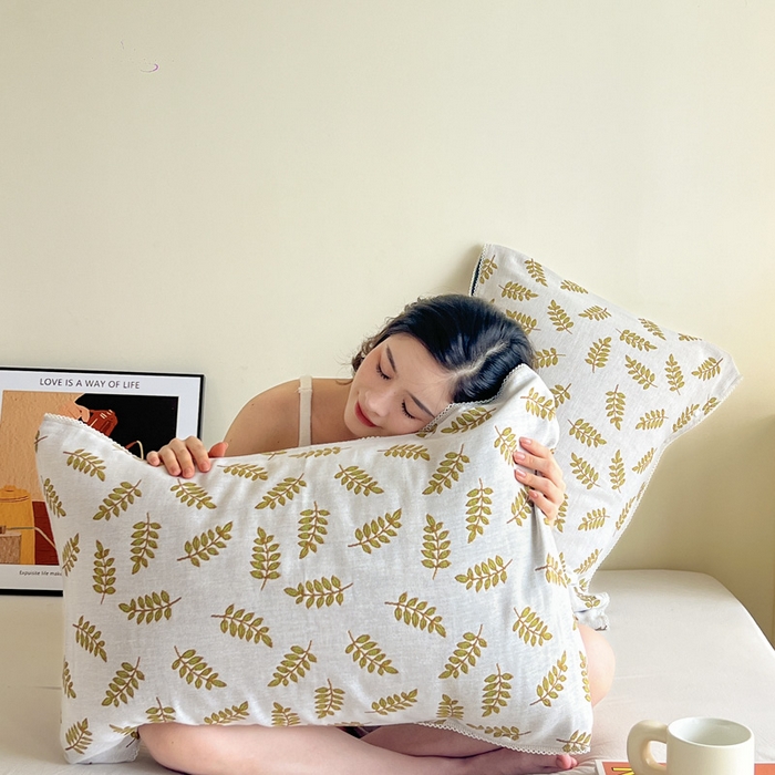 91家纺网 家纺一手货源 找家纺 朴尔家纺-毛巾被 2024新款防滑半包可调节暗扣魔术全棉三层纱布枕巾 朴素树叶53*110cm/对