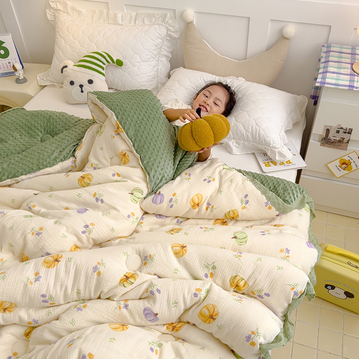 91家纺网 家纺一手货源 找家纺 芯恋家居 2025新款全棉皱皱纱双层纱豆豆被大豆被 七彩南瓜