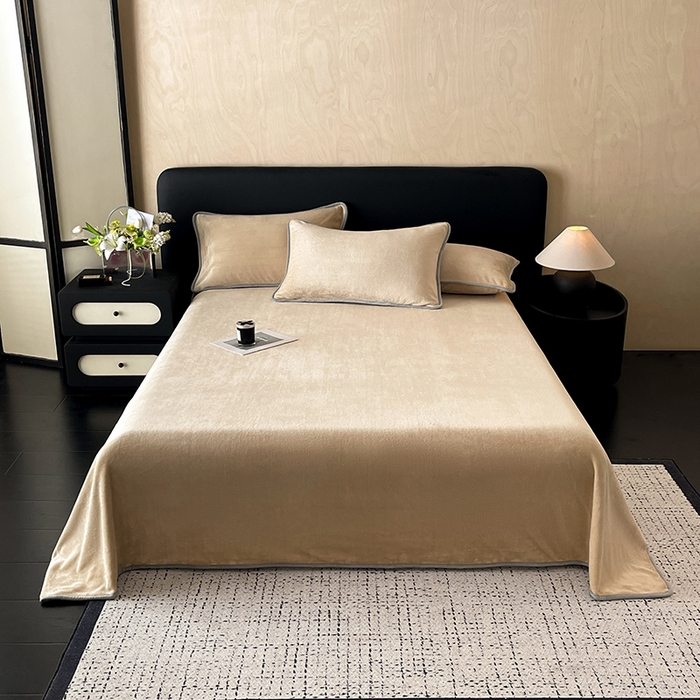 91家纺网 家纺一手货源 找家纺 全季家居 2024新款A类纯色印花高克重加厚保暖包边牛奶绒床单单件 暖驼